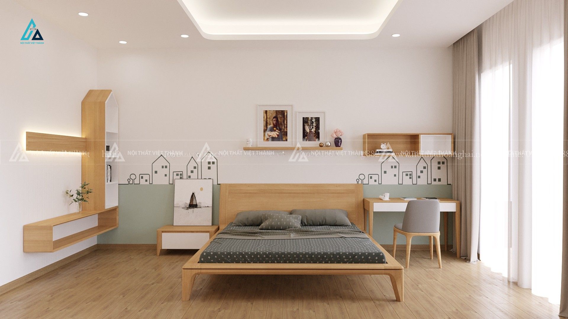 Mẫu thiết kế giường ngủ gỗ tự nhiên vàng gầm cao