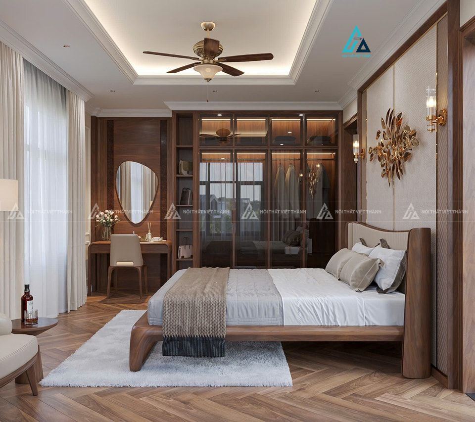 Mẫu thiết kế giường ngủ gỗ tự nhiên nâu bo cong mềm mại