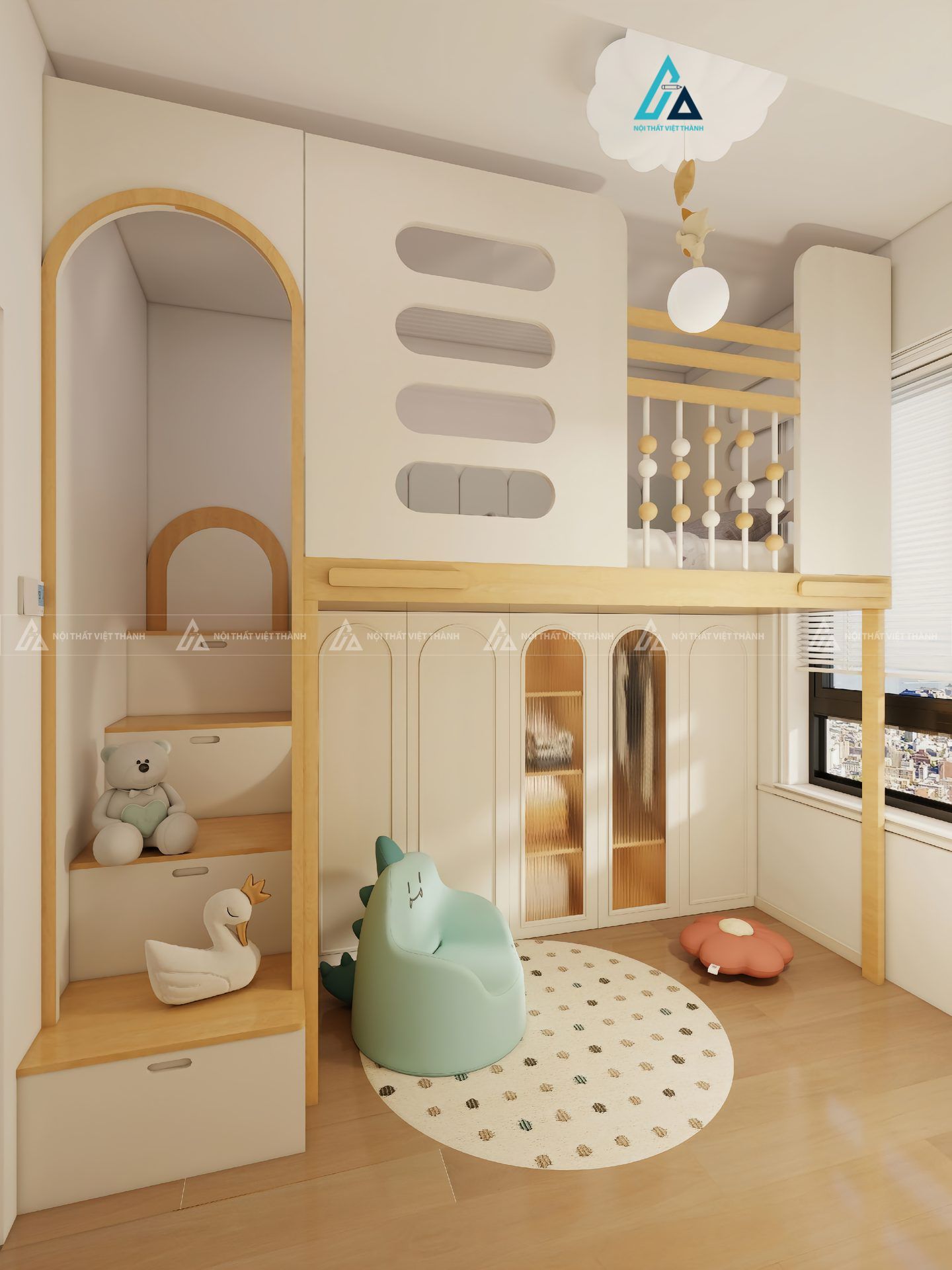 Mẫu thiết kế giường tầng trẻ em kết hợp tủ quần áo