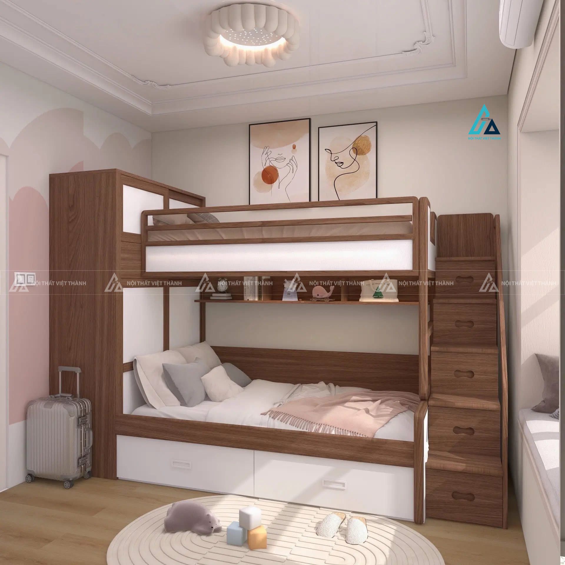 Mẫu thiết kế giường tầng trẻ em gỗ công nghiệp nâu trắng