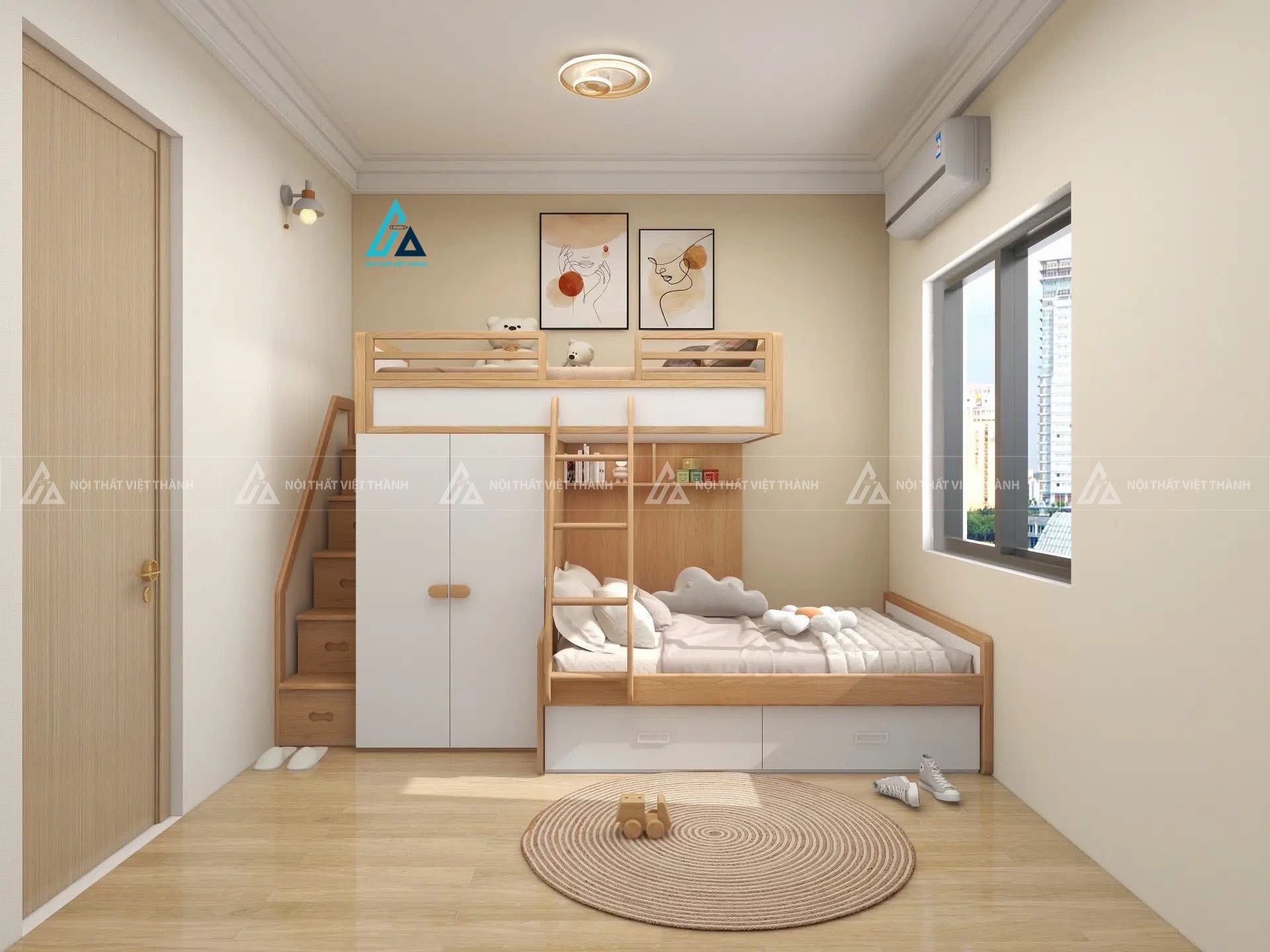 Mẫu thiết kế giường tầng trẻ em kết hợp tủ quần áo