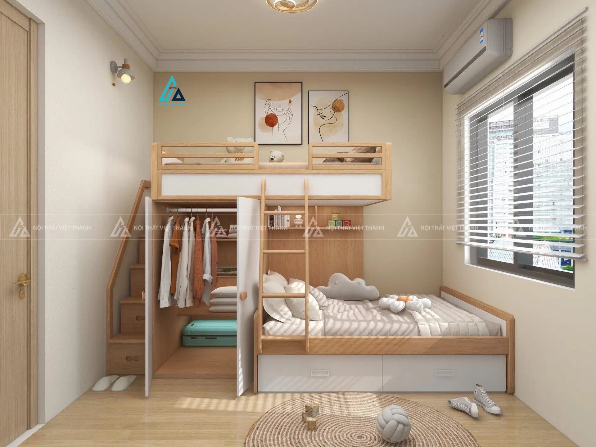 Mẫu thiết kế giường tầng trẻ em kết hợp tủ quần áo
