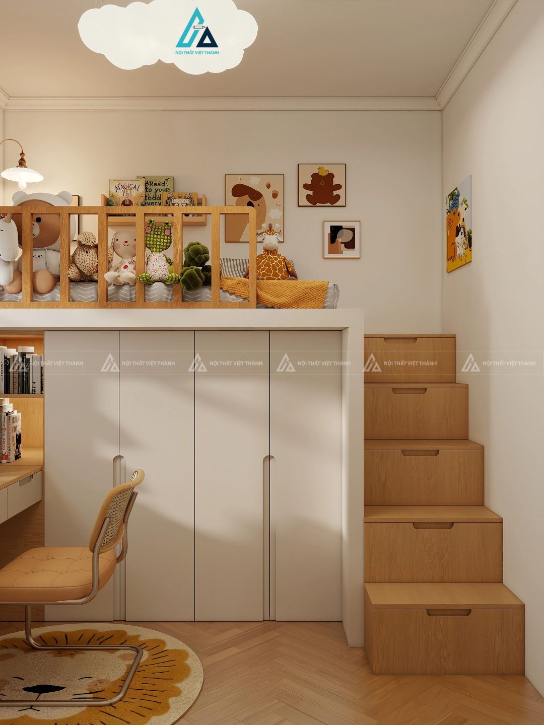 Mẫu thiết kế giường tầng trẻ em kết hợp tủ quần áo và kệ sách