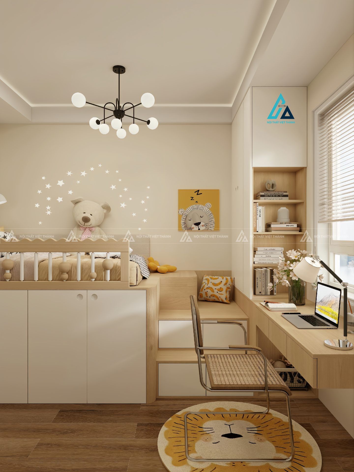 Mẫu thiết kế giường tầng trẻ em gỗ nâu trắng kết hợp tủ quần áo