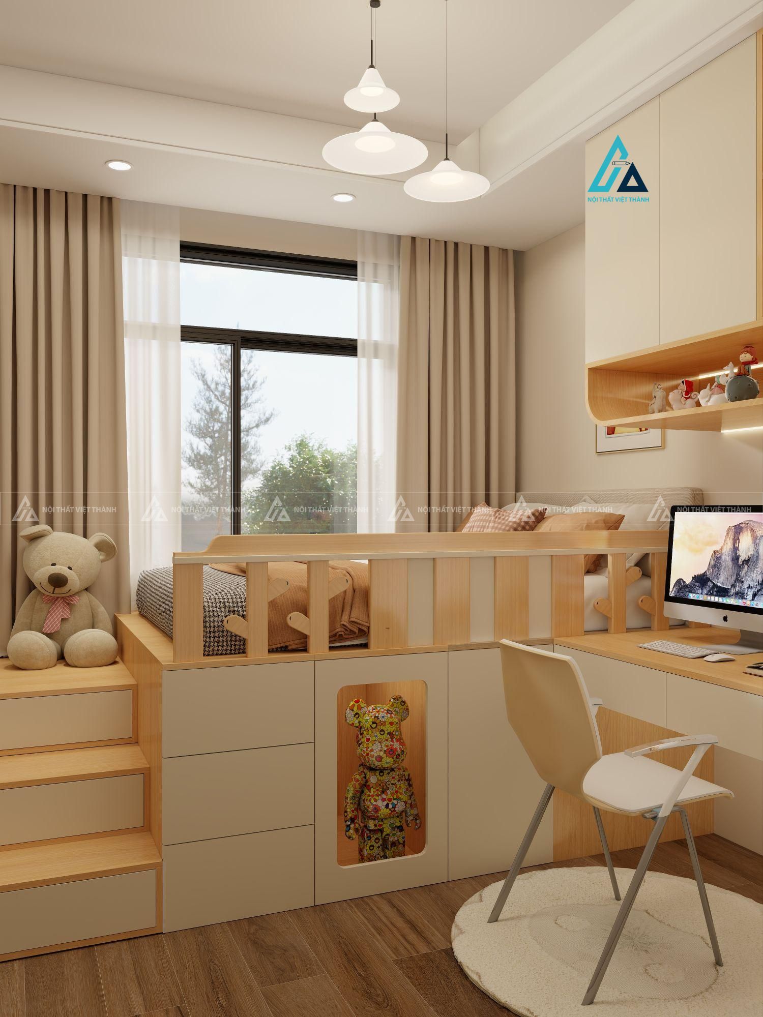 Mẫu thiết kế giường tầng trẻ em gỗ công nghiệp hộp