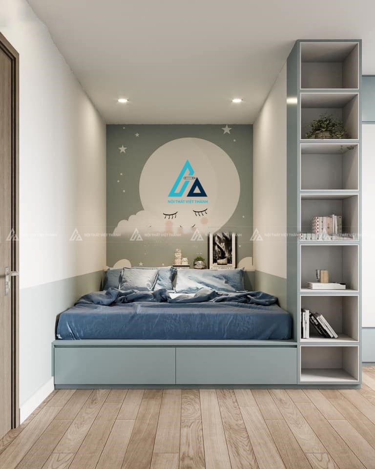 Mẫu thiết kế giường ngủ trẻ em hộp xanh trắng có ngăn kéo