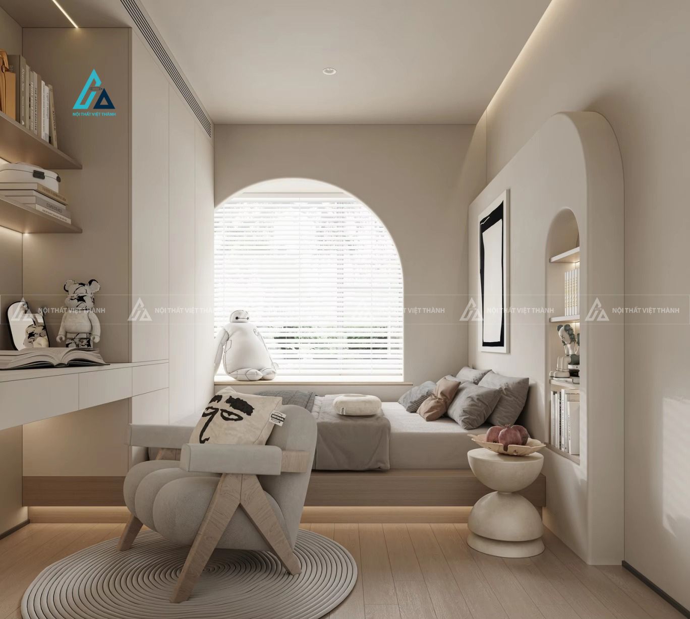 Mẫu thiết kế giường ngủ trẻ em be kèm tủ quần áo và kệ sách