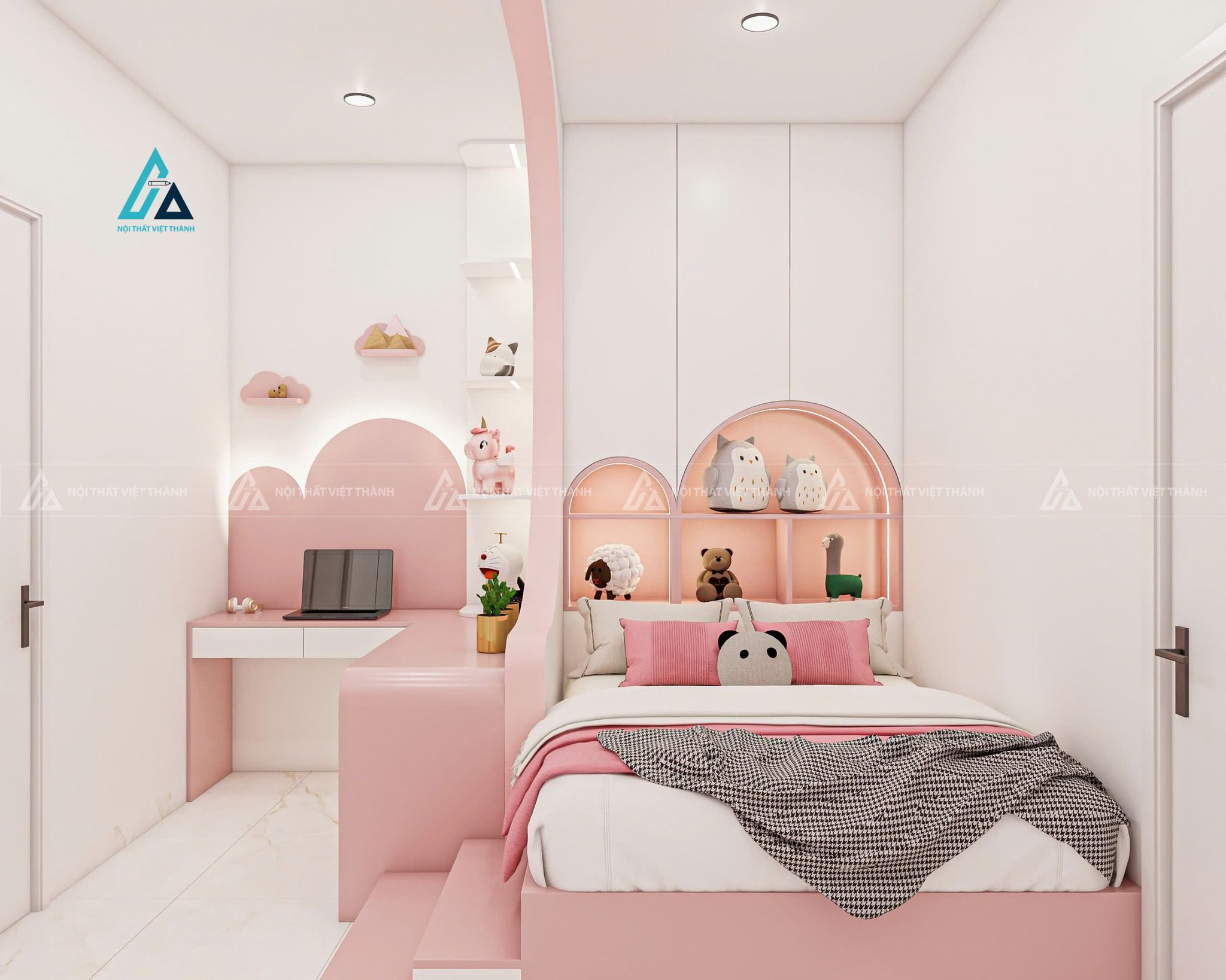Mẫu thiết kế giường ngủ trẻ em kết hợp tủ trang trí