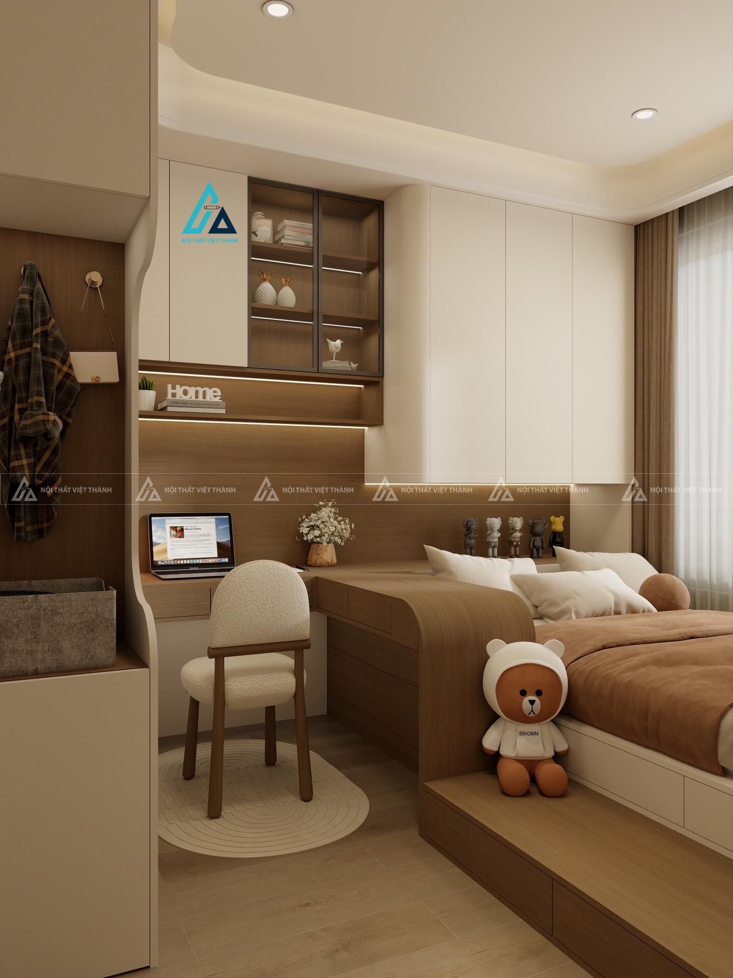 Mẫu thiết kế giường ngủ trẻ em nâu bo cong mềm mại