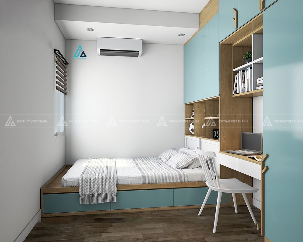 Mẫu thiết kế giường ngủ trẻ em xanh vàng có tủ kéo