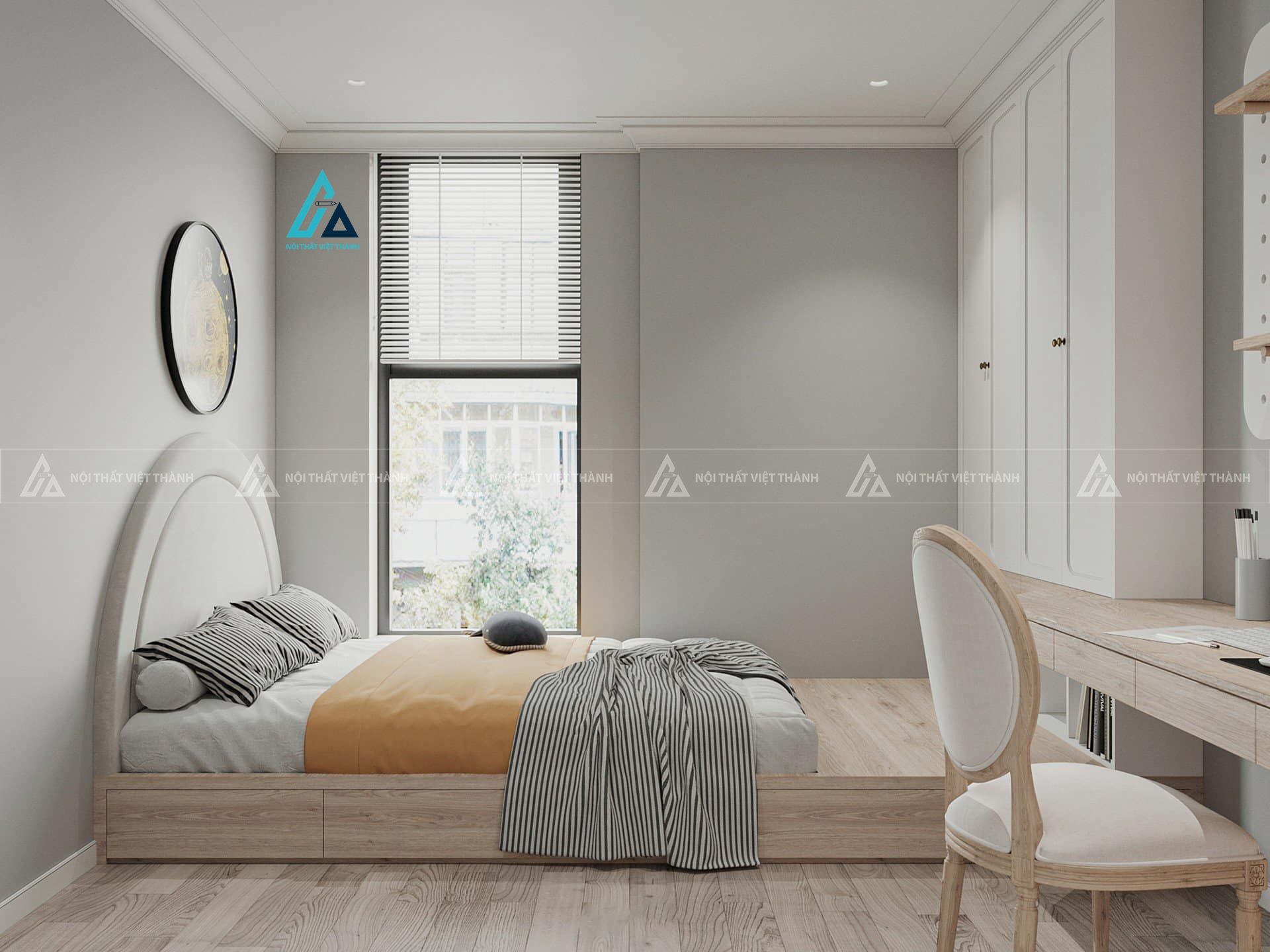 Mẫu thiết kế giường ngủ trẻ em gỗ công nghiệp xám có ngăn kéo