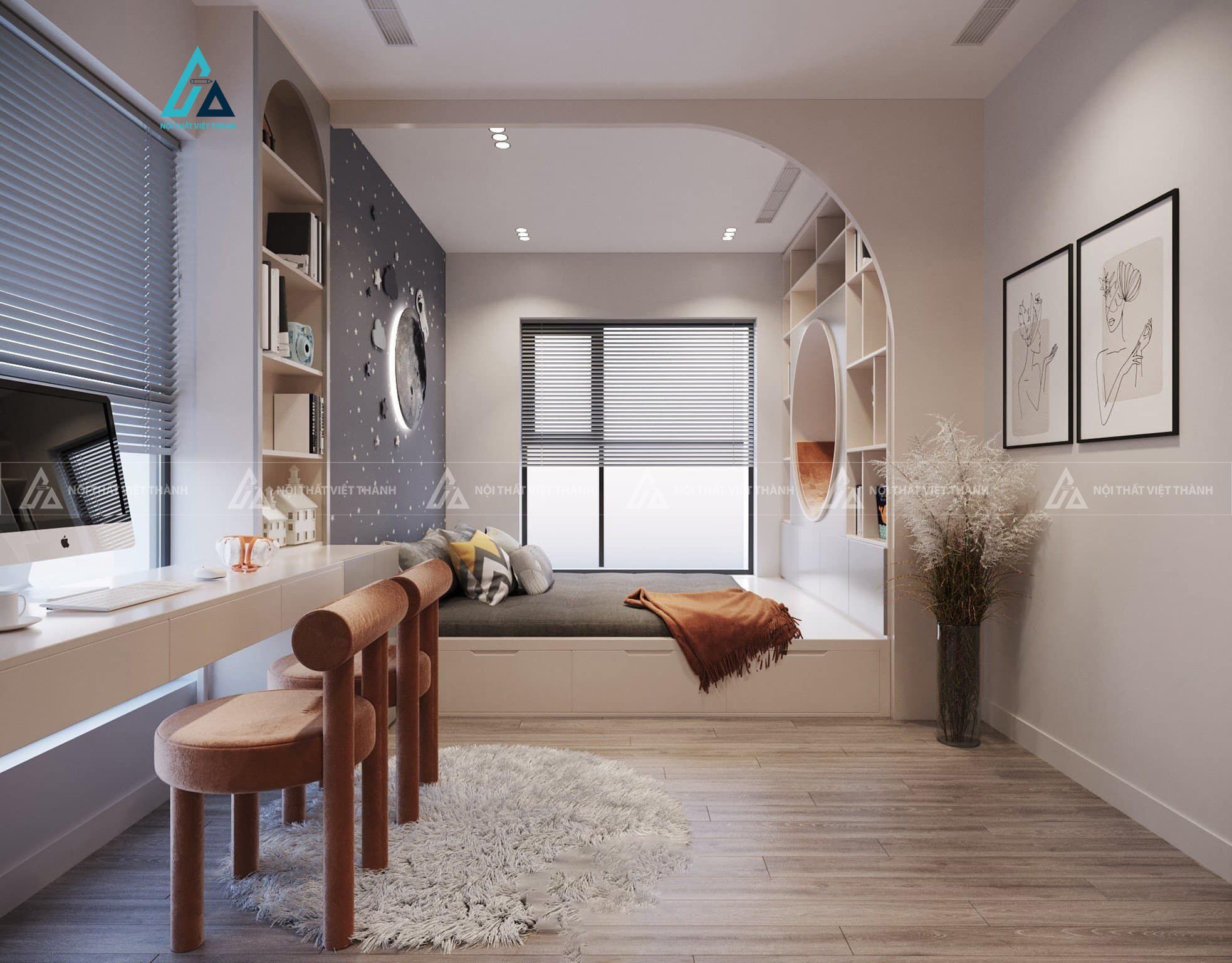 Mẫu thiết kế giường ngủ trẻ em kết hợp kệ trang trí