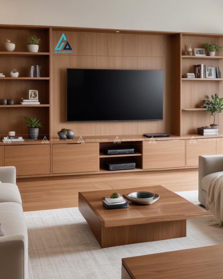 Mẫu thiết kế kệ tivi gỗ công nghiệp nâu kết hợp kệ trang trí