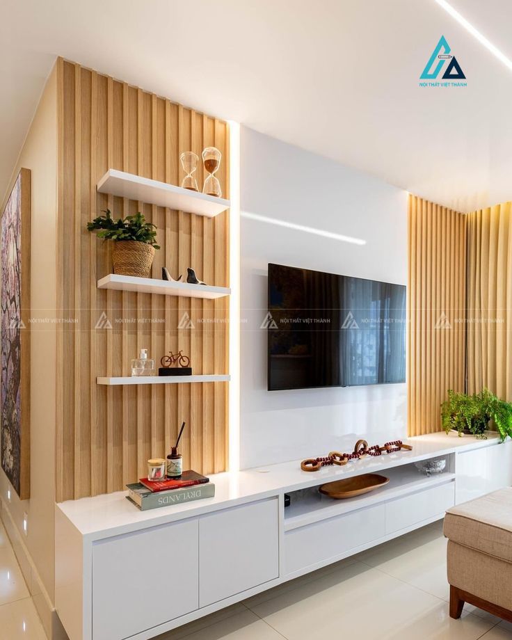 Mẫu thiết kế kệ tivi gỗ công nghiệp trắng vàng trẻ trung