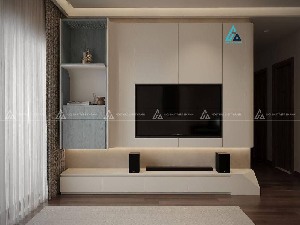Mẫu thiết kế kệ tivi gỗ công nghiệp be nhẹ nhàng