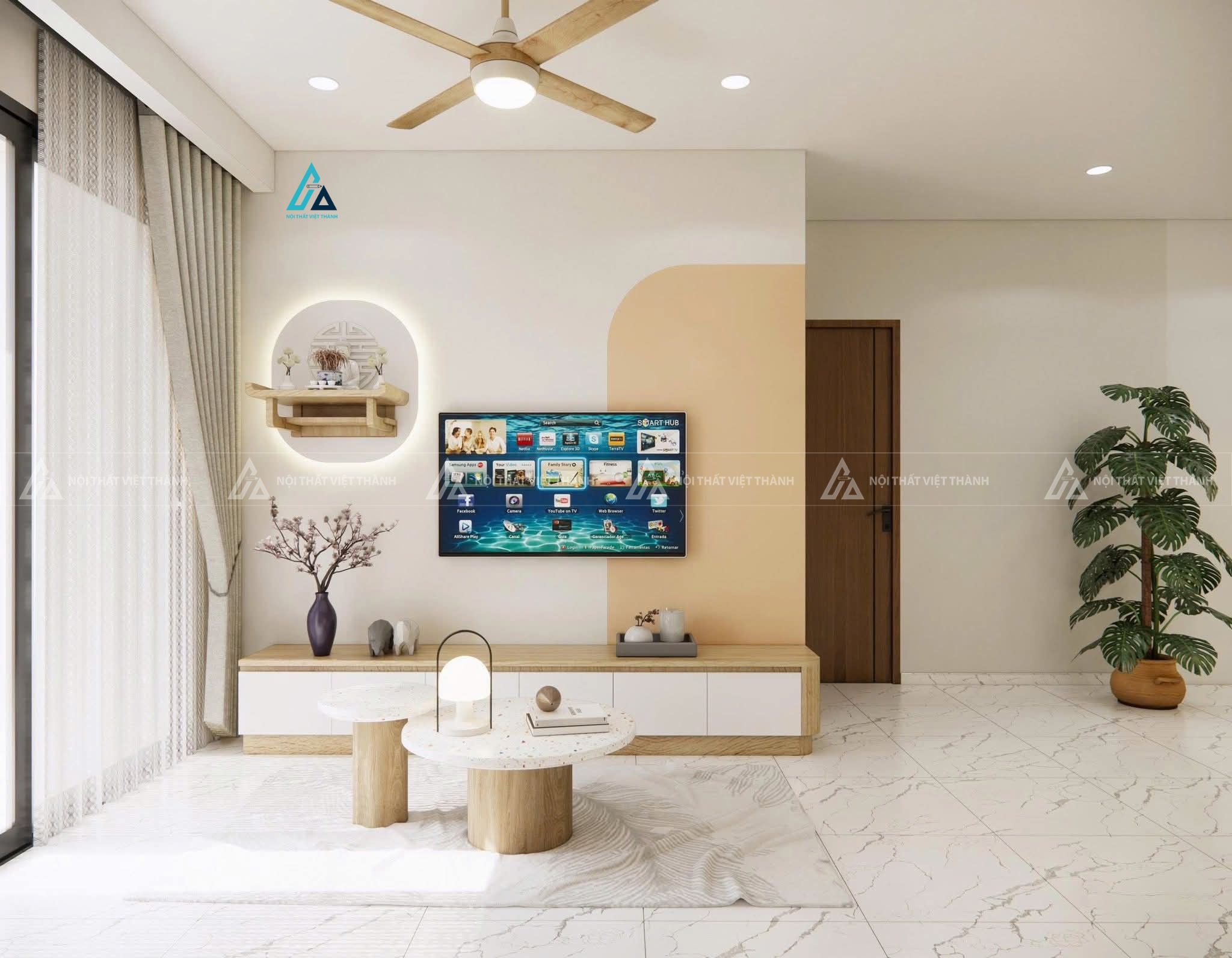 Mẫu thiết kế kệ tivi gỗ công nghiệp vàng trắnh chạm sàn
