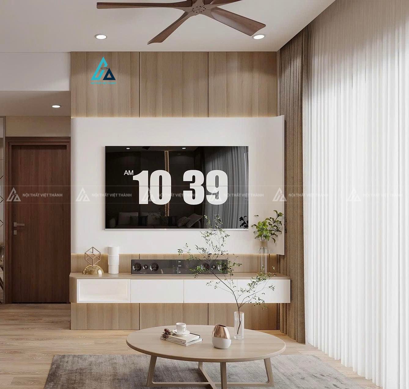 Mẫu thiết kế kệ tivi gỗ công nghiệp trắng nâu treo tường