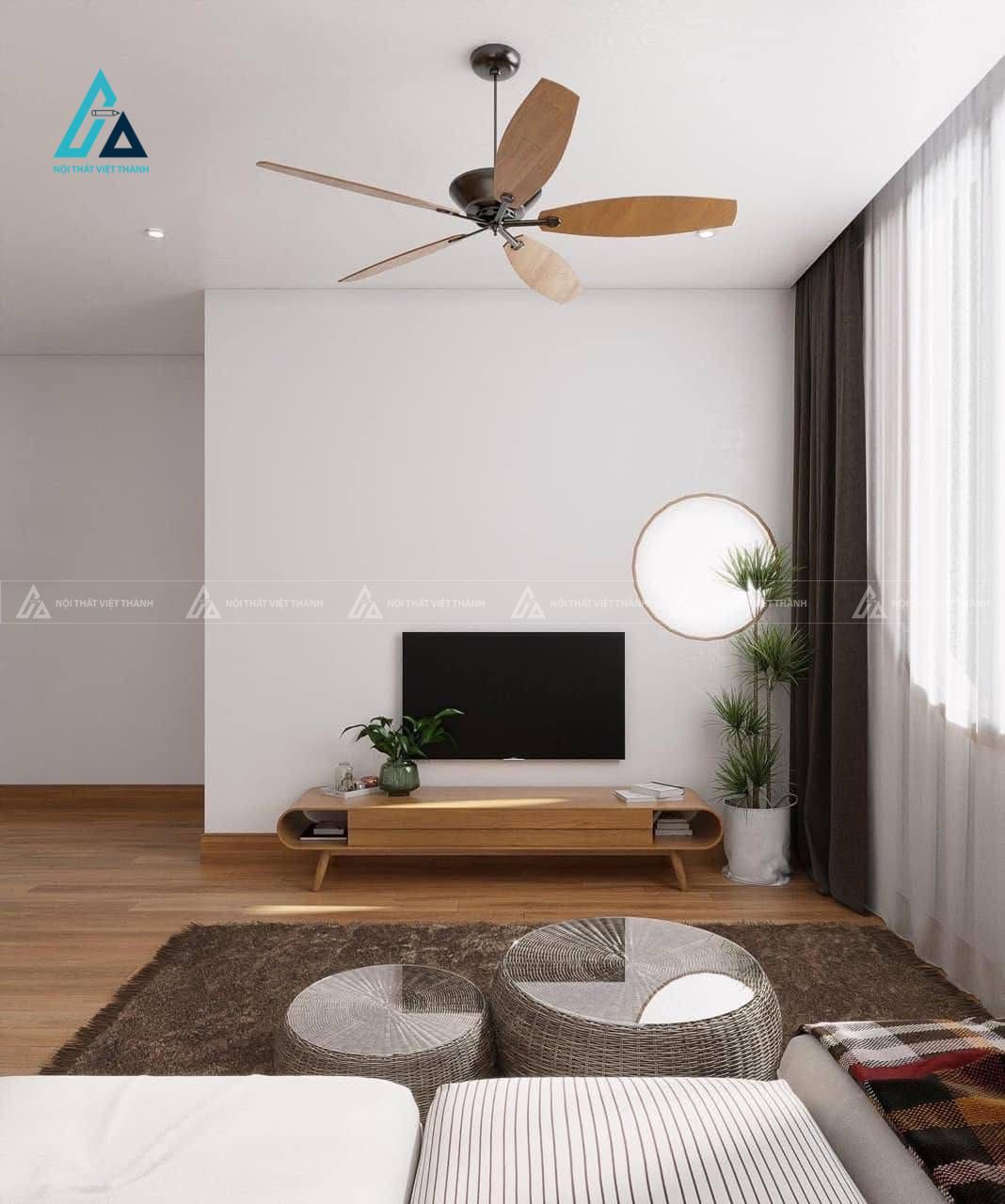 Mẫu thiết kế kệ tivi gỗ nâu 4 chân bo góc tròn mềm mại