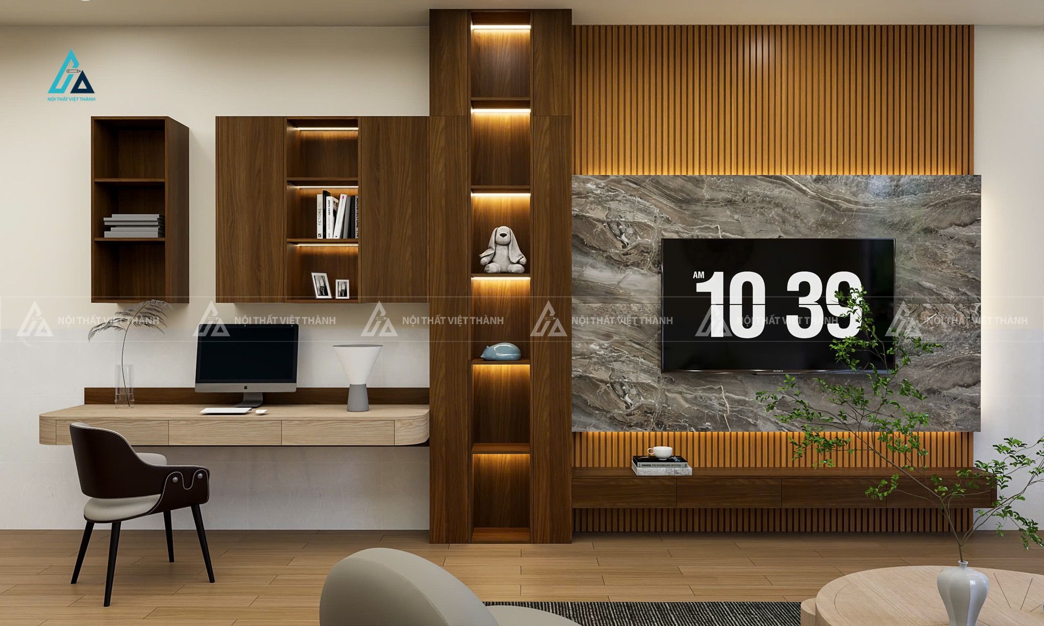 Mẫu thiết kế kệ tivi gỗ công nghiệp nâu chữ L kết hợp đèn led