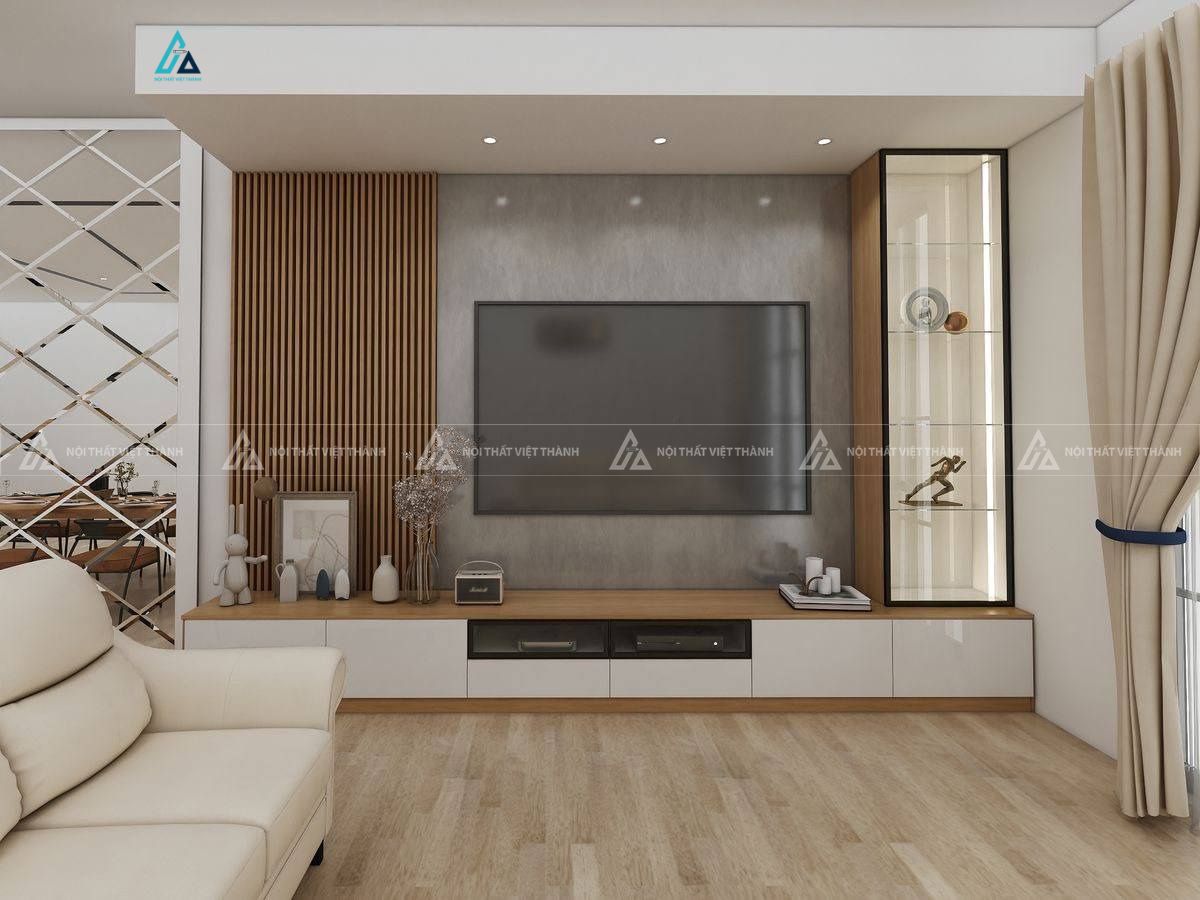 Mẫu thiết kế kệ tivi gỗ công nghiệp vàng trắng có tủ cánh kính trang trí