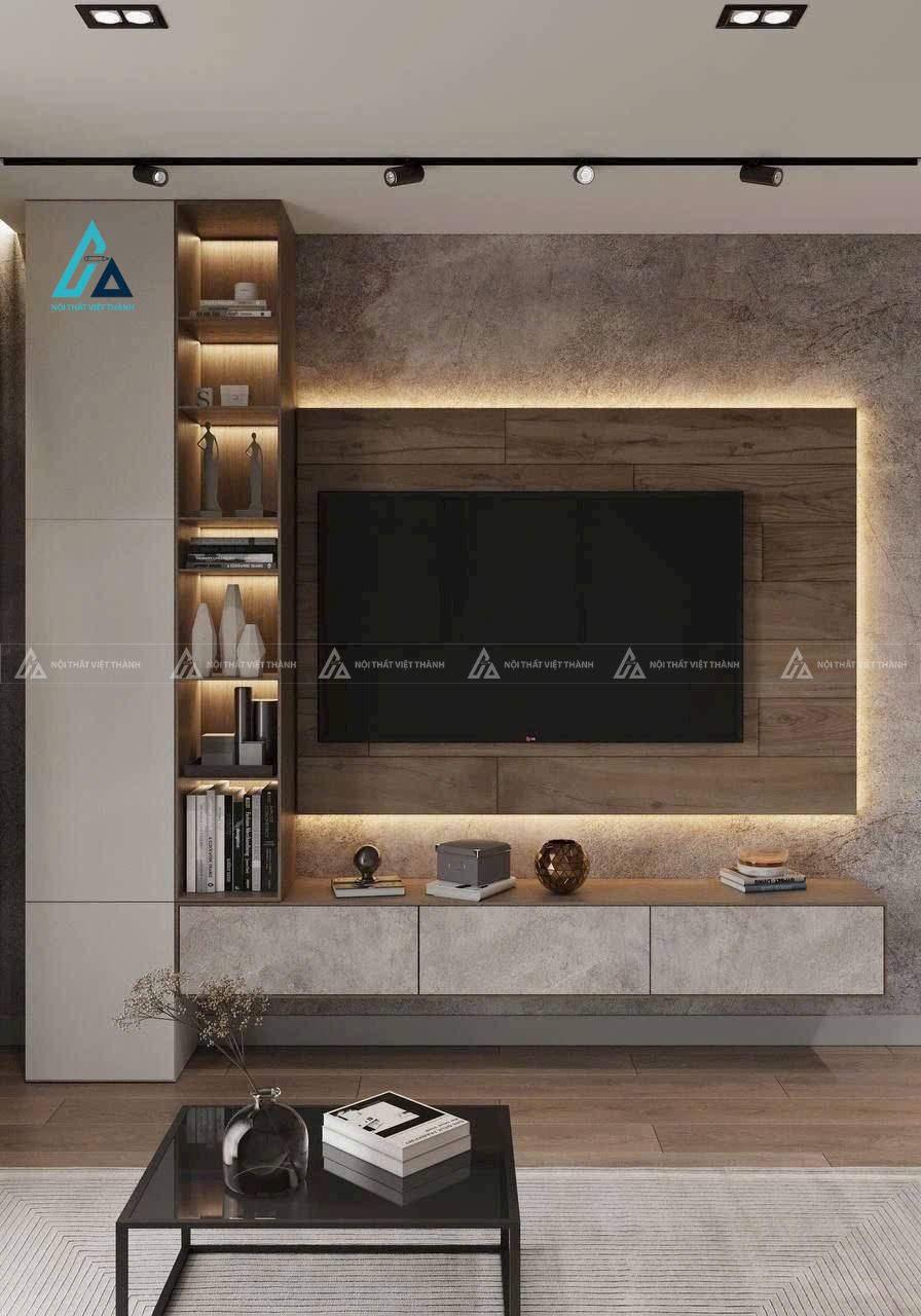 Mẫu thiết kế kệ tivi xám chữ L kết hợp kệ sách