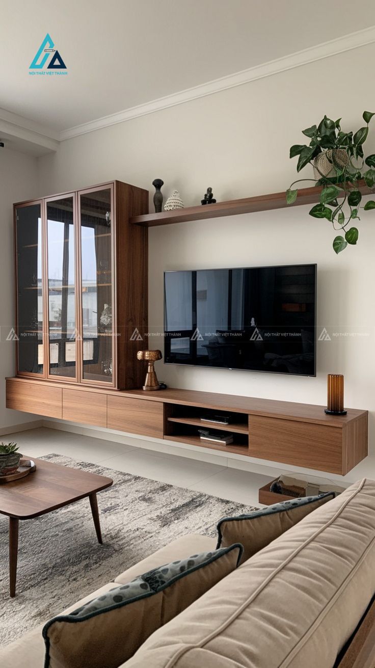 Mẫu thiết kế kệ tivi gỗ nâu treo tường