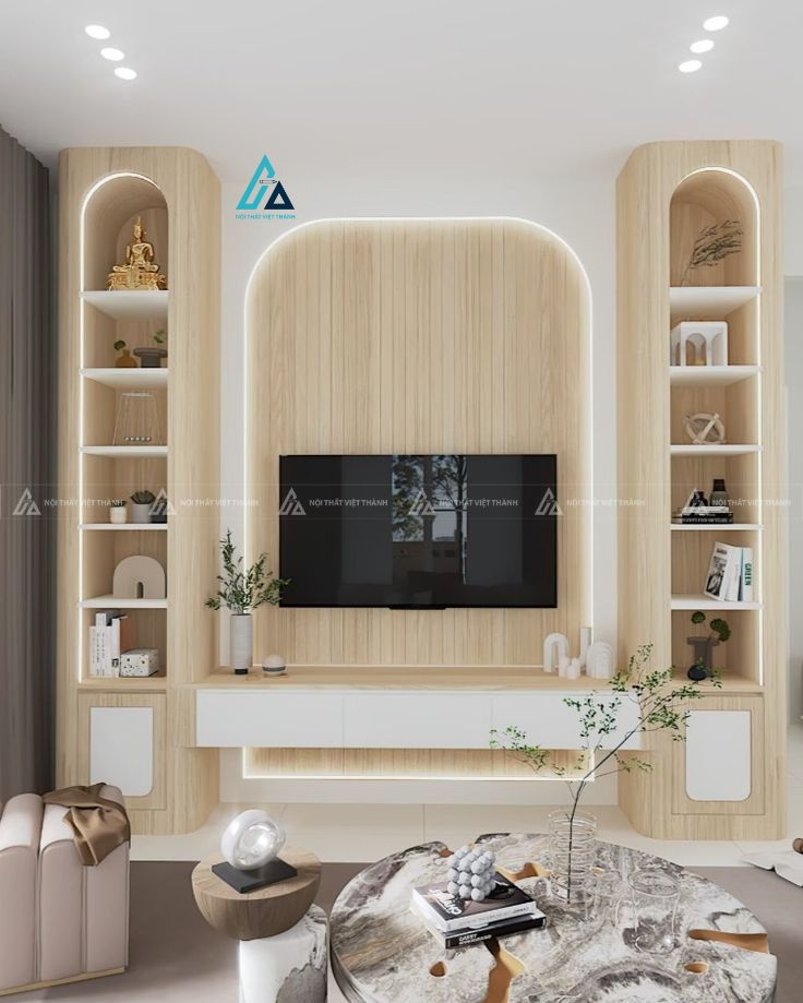 Mẫu thiết kế kệ tivi gỗ công nghiệp be vàng chữ U nhiều ô trang trí