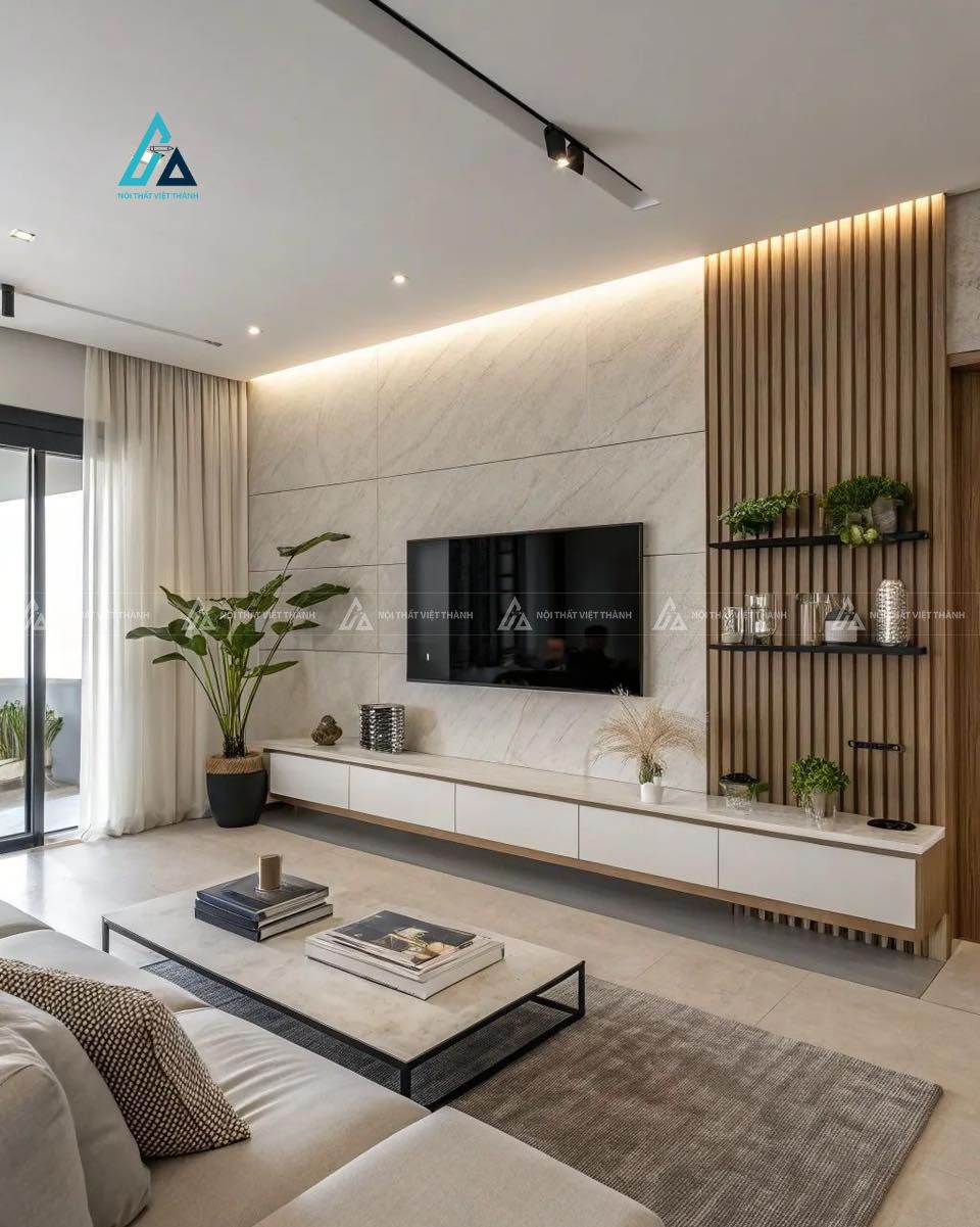 Mẫu thiết kế kệ tivi gỗ công nghiệp treo tường trắng
