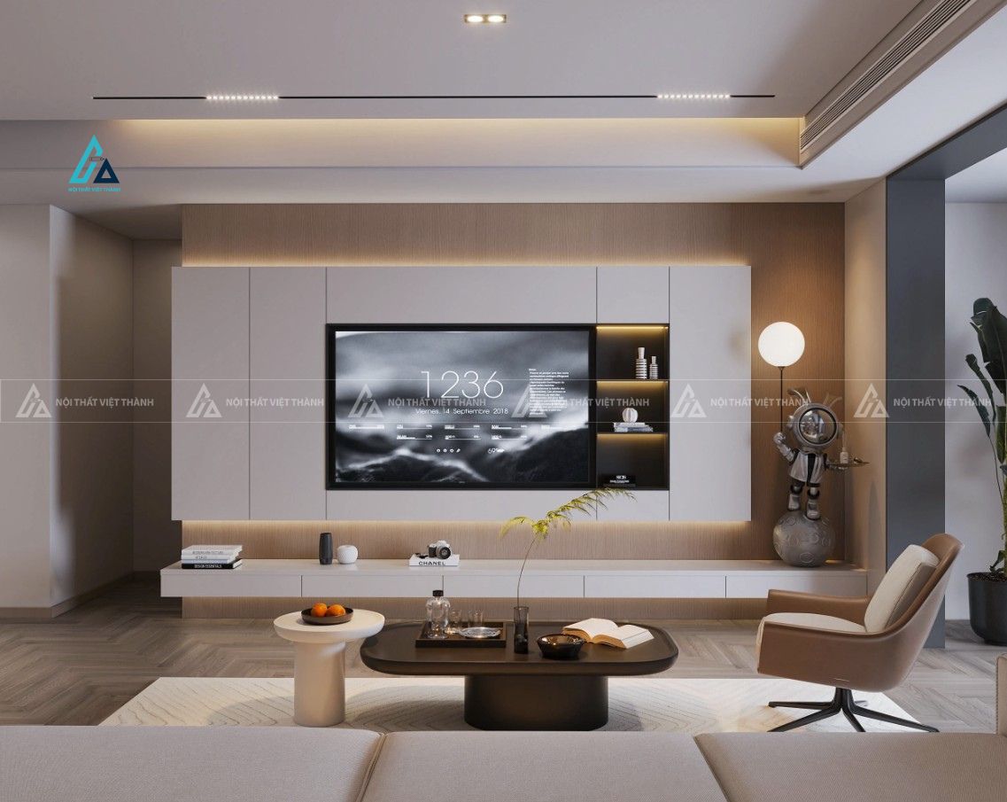 Mẫu thiết kế kệ tivi gỗ công nghiệp trắng âm tường kết hợp đèn led