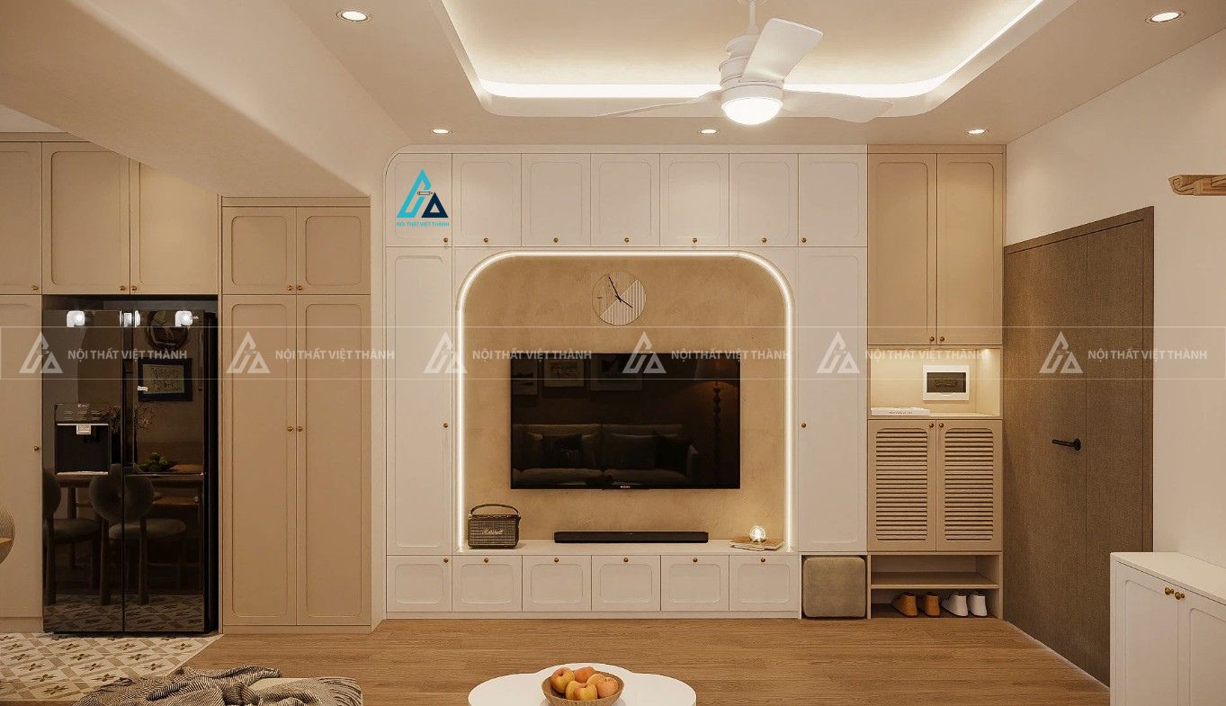 Mẫu thiết kế kệ tivi gỗ công nghiệp trắng cổ điển