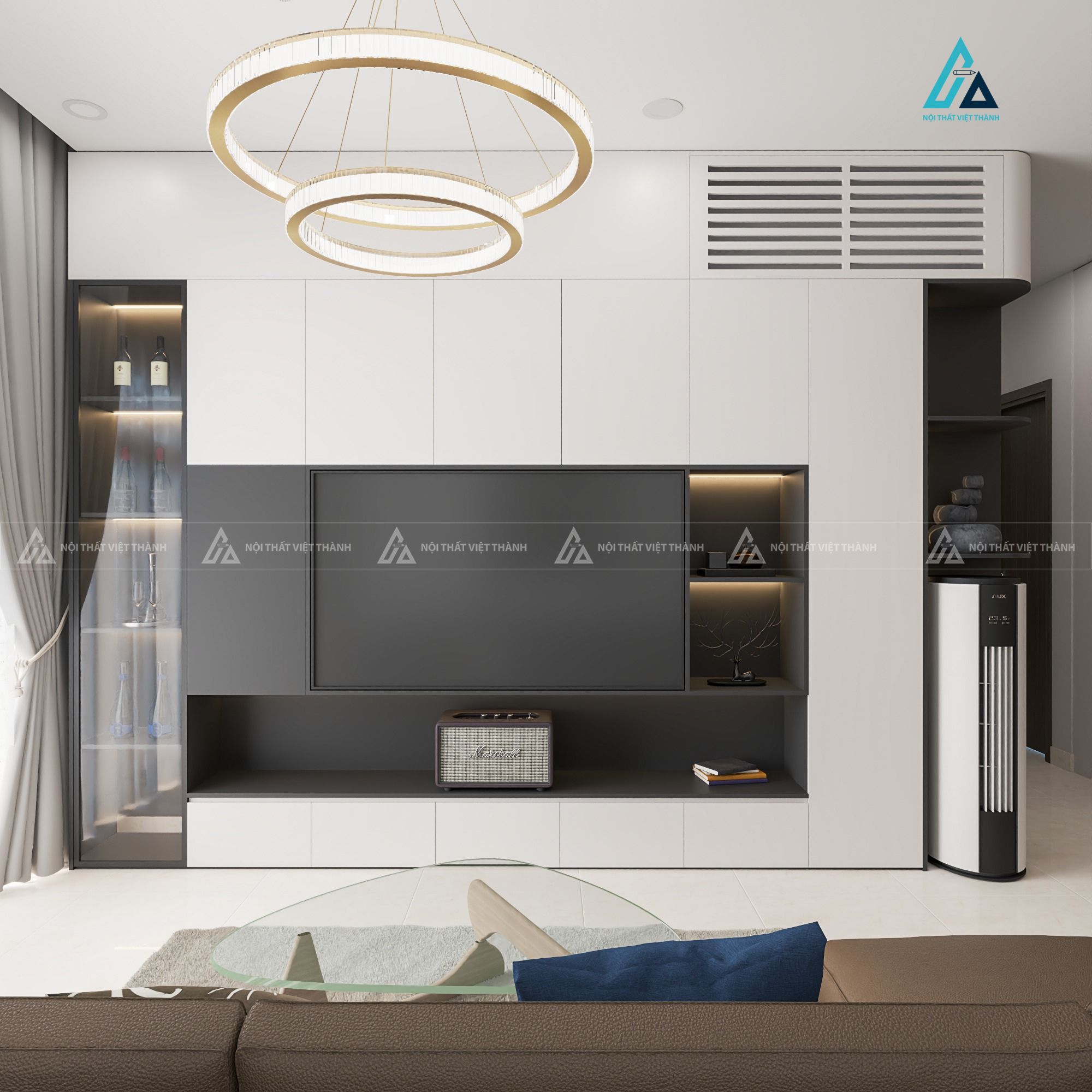 Mẫu thiết kế kệ tivi gỗ công nghiệp trắng đen kịch trần tối giản