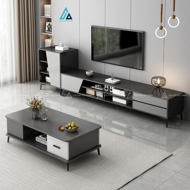 Mẫu thiết kế kệ tivi gỗ công nghiệp xám nâu chữ L