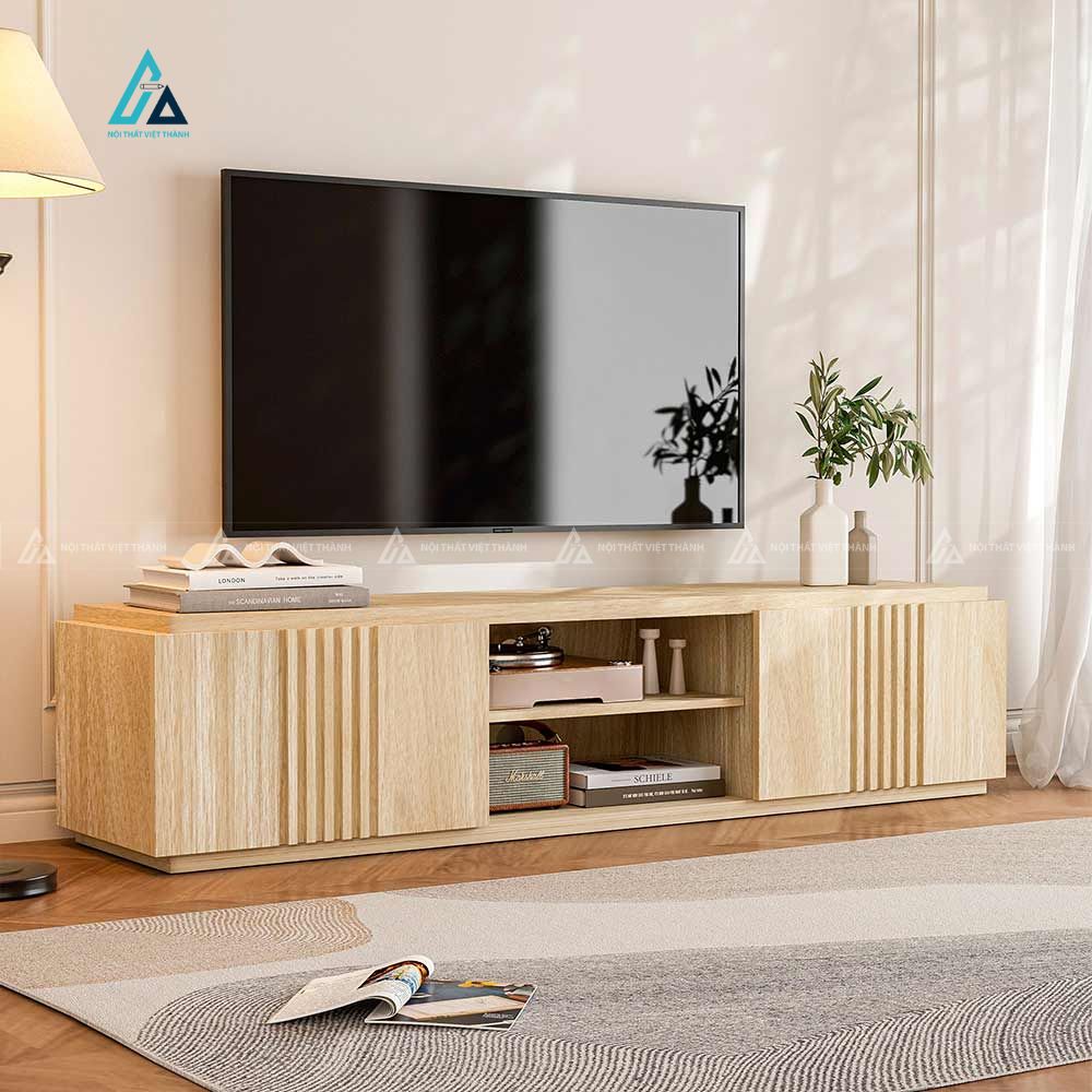 Mẫu thiết kế kệ tivi gỗ tự nhiên vàng chạm sàn