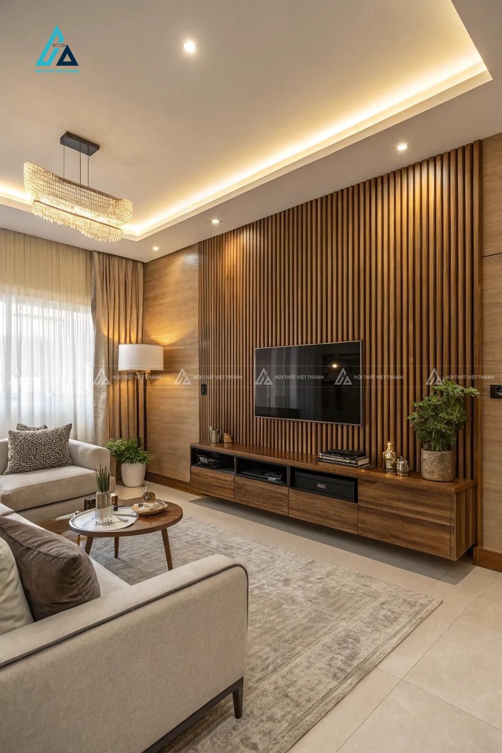 Mẫu thiết kế kệ tivi gỗ tự nhiên nâu treo tường có vách trang trí