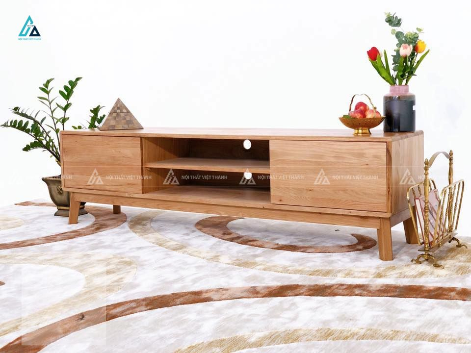 Mẫu thiết kế kệ tivi gỗ tự nhiên nâu vàng dài