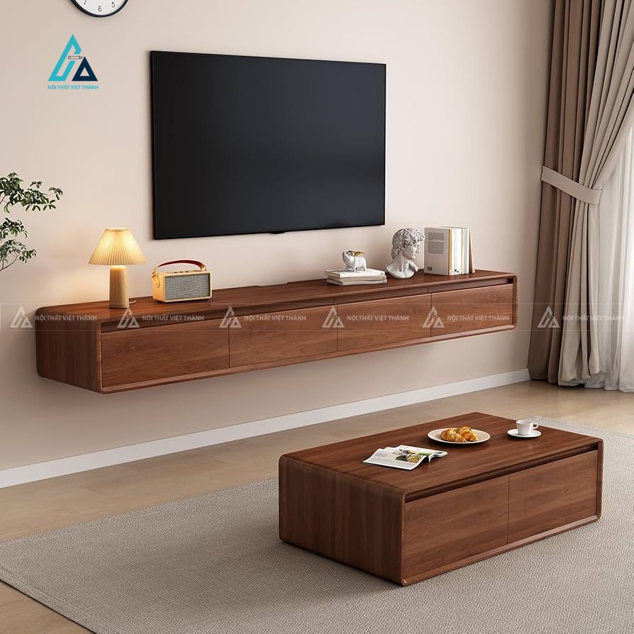 Mẫu thiết kế kệ tivi gỗ tự nhiên nâu trầm treo tường