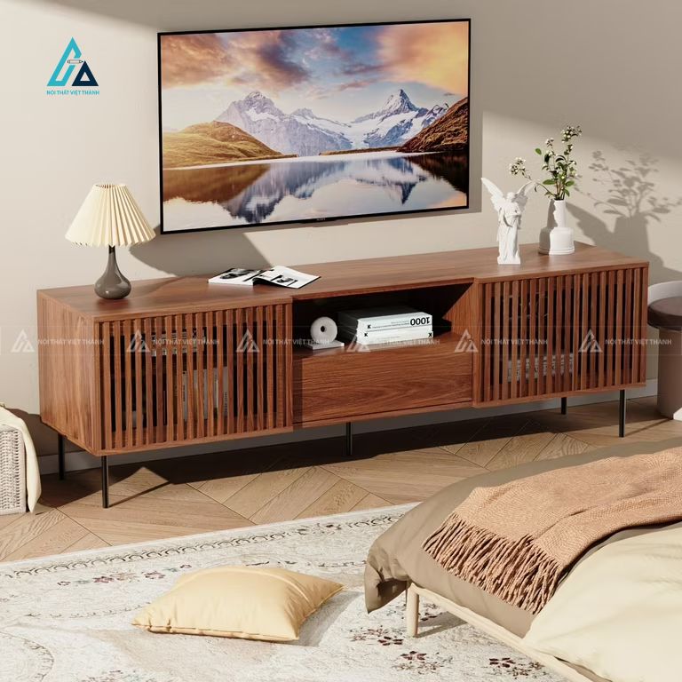 Mẫu thiết kế kệ tivi gỗ tự nhiên nâu đỏ chữ nhật dài