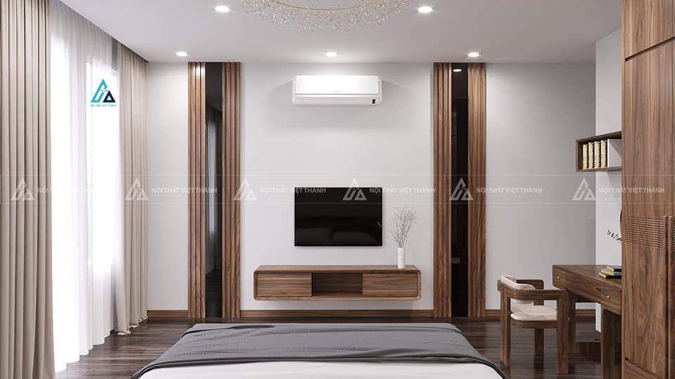 Mẫu thiết kế kệ tivi gỗ tự nhiên nâu trầm treo tường
