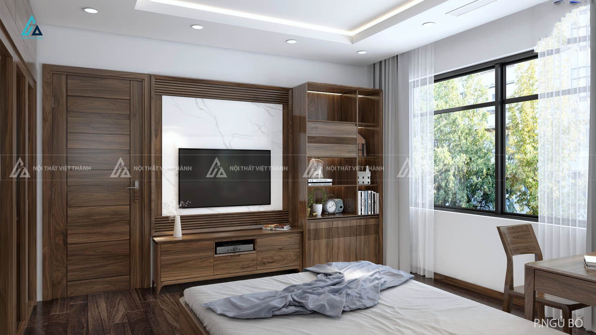 Mẫu thiết kế kệ tivi gỗ tự nhiên nâu có vách tường trang trí