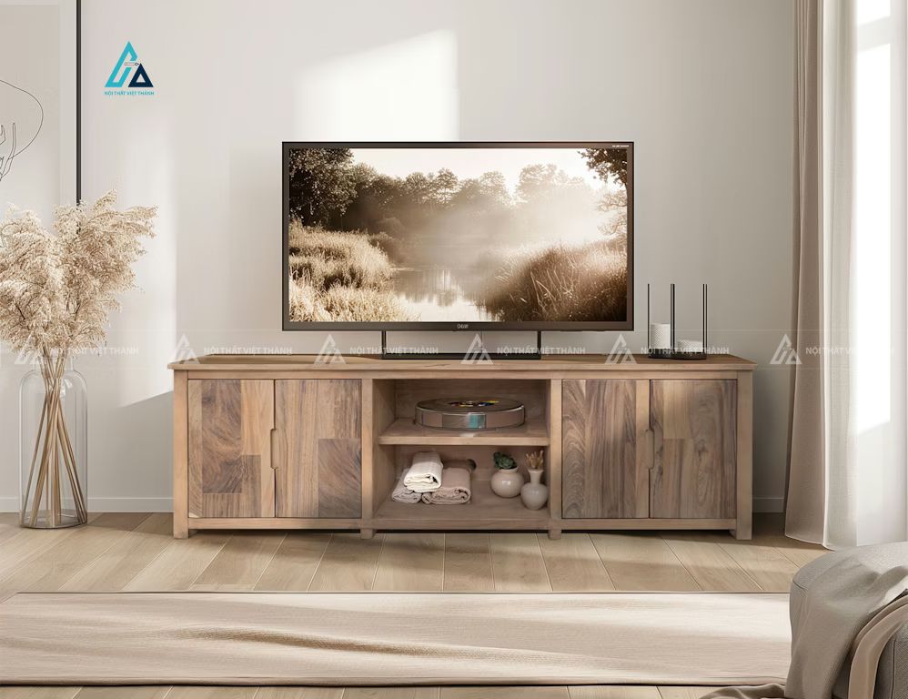 Mẫu thiết kế kệ tivi gỗ tự nhiên xám 5 ngăn