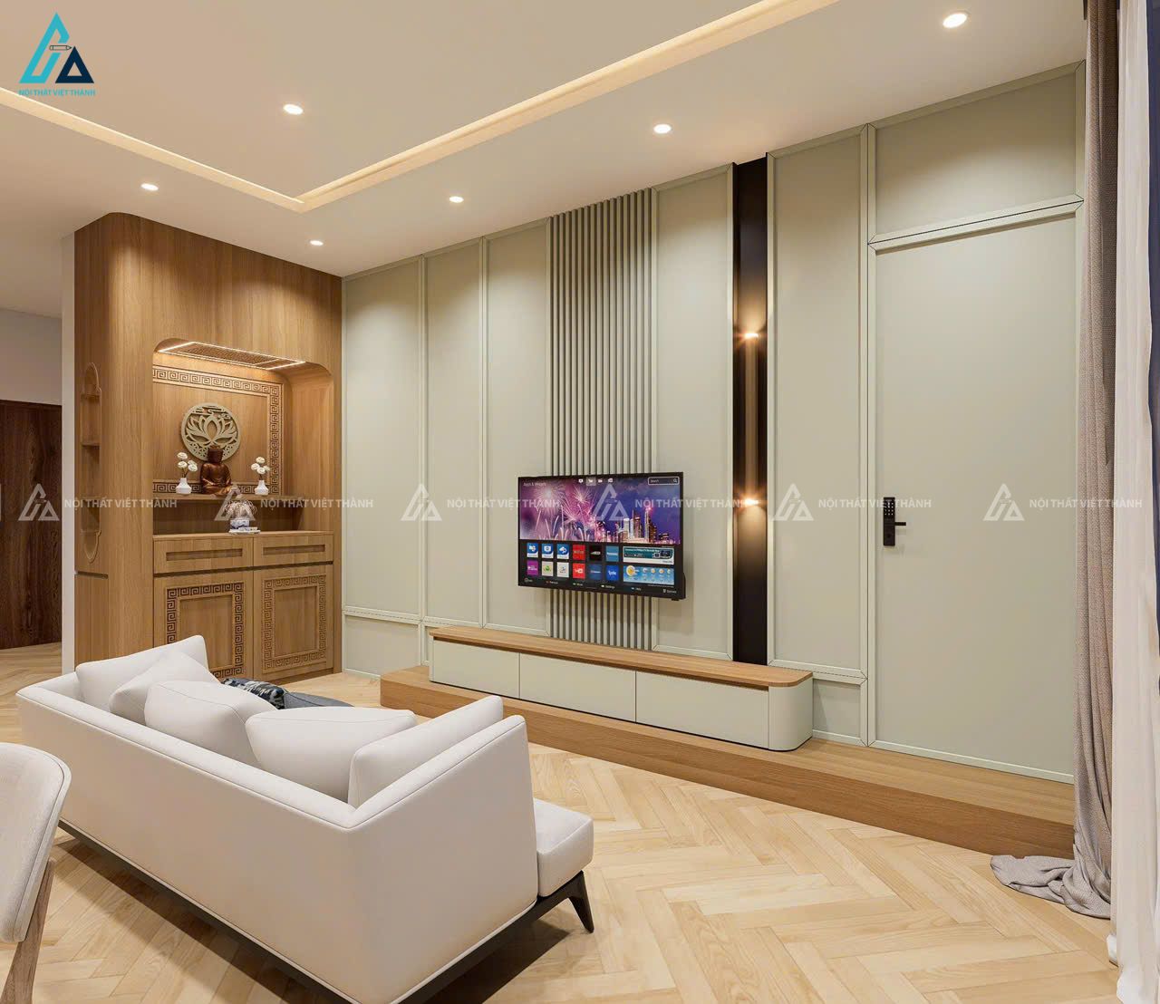 Thiết kế nội thất phòng khách căn hộ chung cư tone xanh vàng