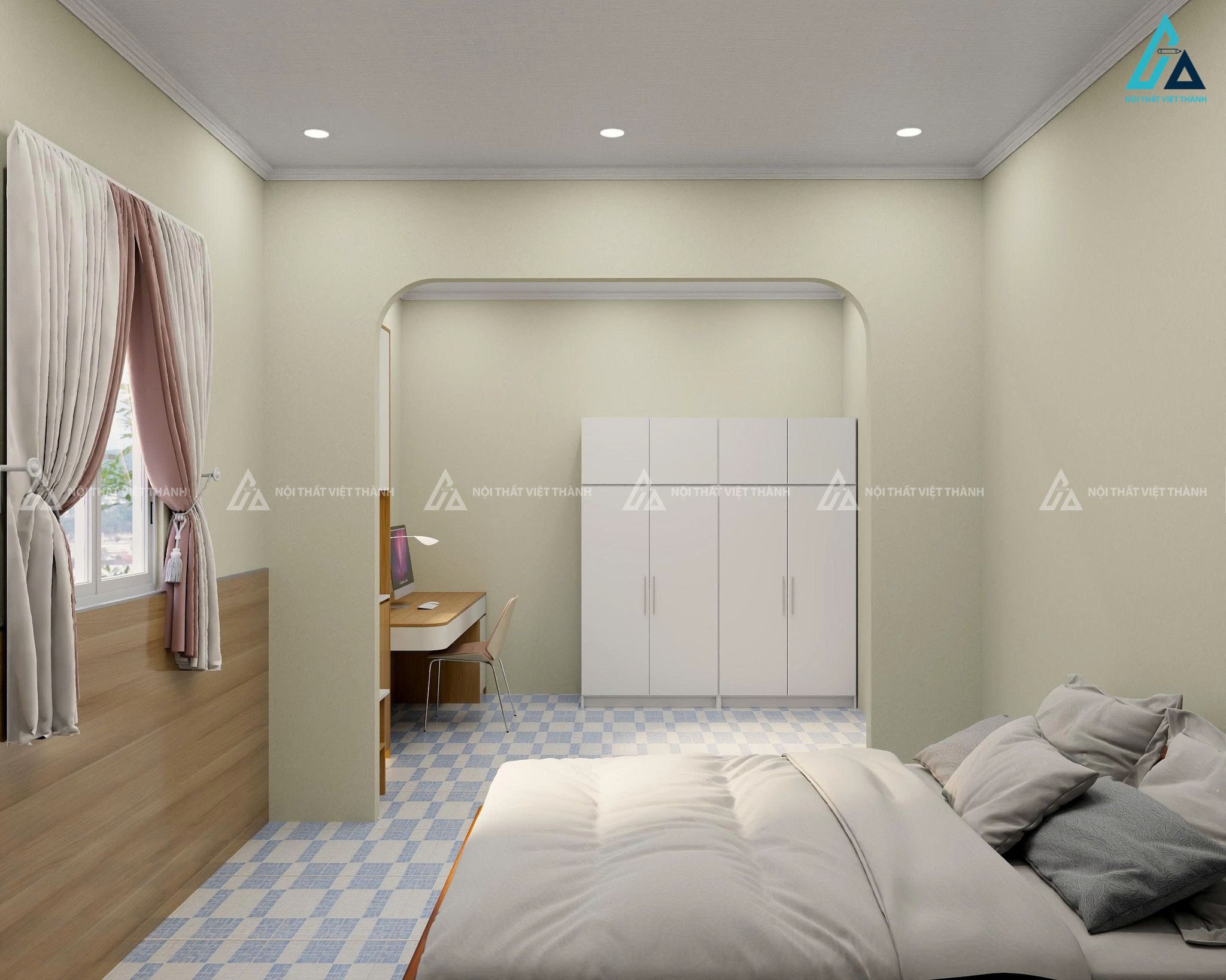 Thiết kế nội thất phòng ngủ tone xanh lá nhẹ nhàng