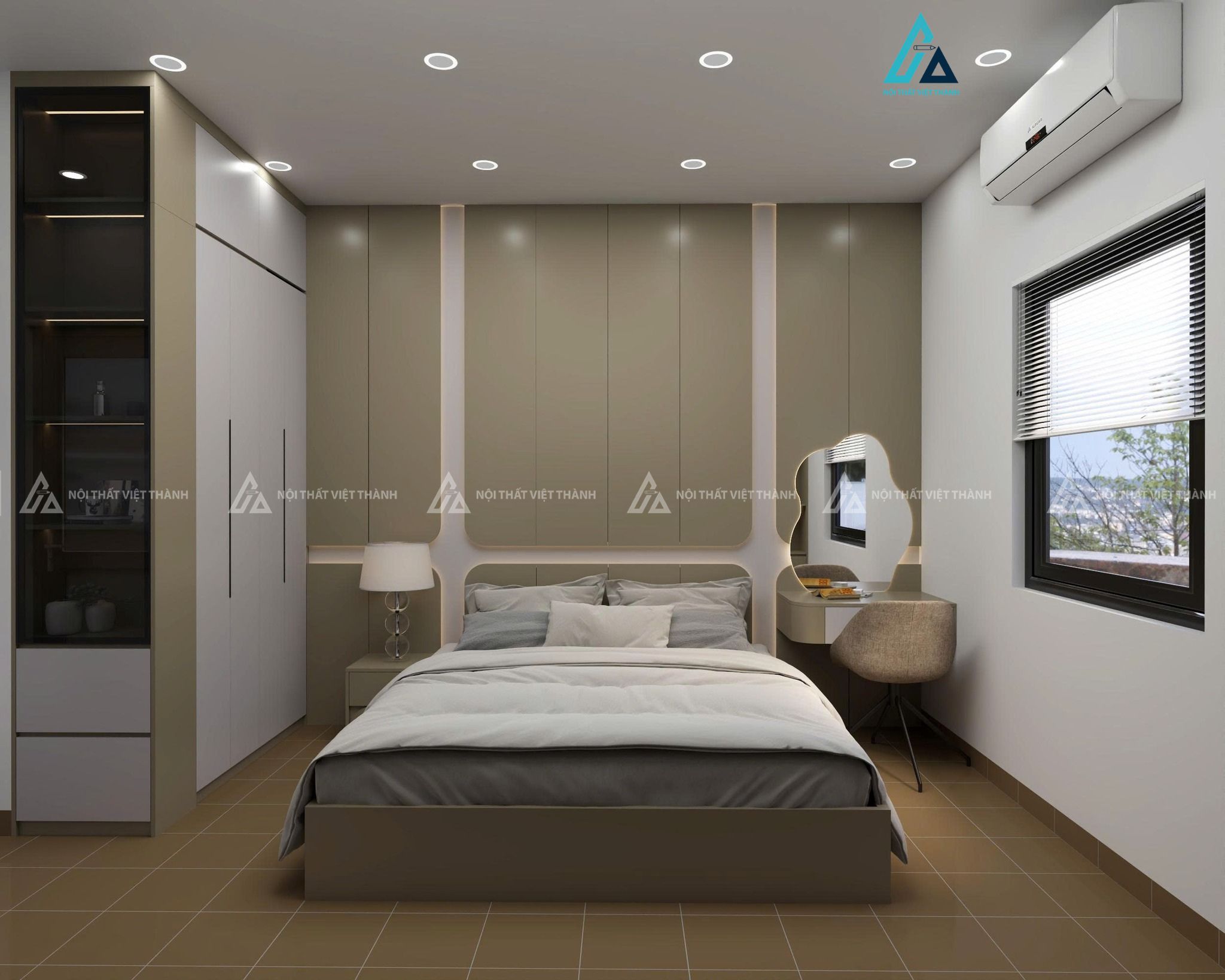 Thiết kế nội thất phòng ngủ gỗ công nghiệp trắng vàng