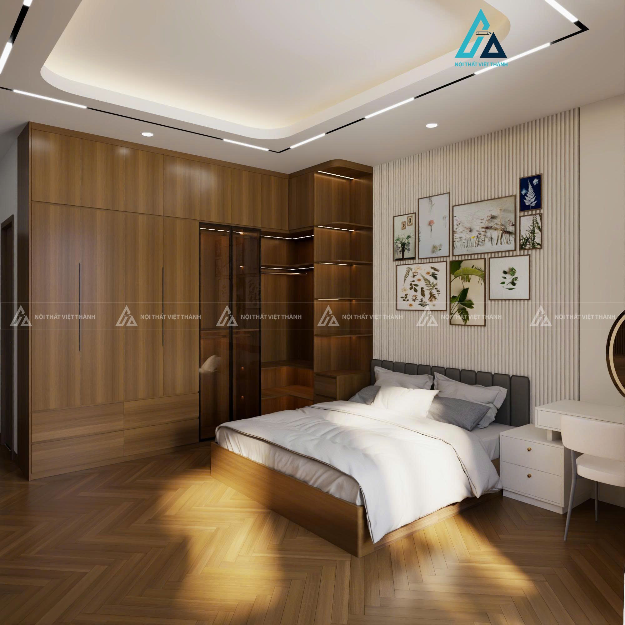 Thiết kế nội thất phòng ngủ vân gỗ nâu ấm cúng