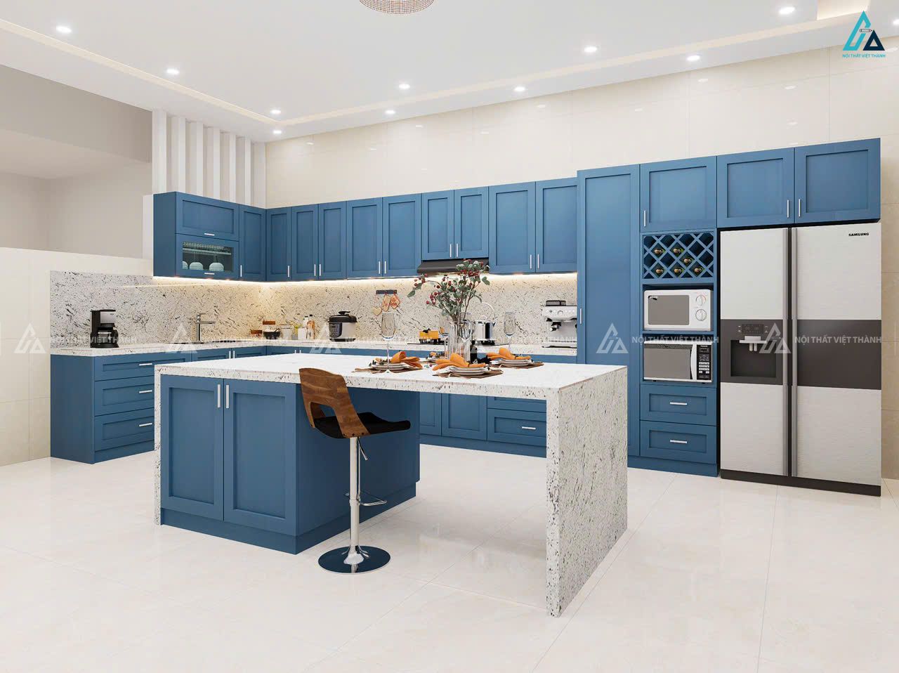 Thiết kế nội thất nhà bếp xanh trắng trẻ trung