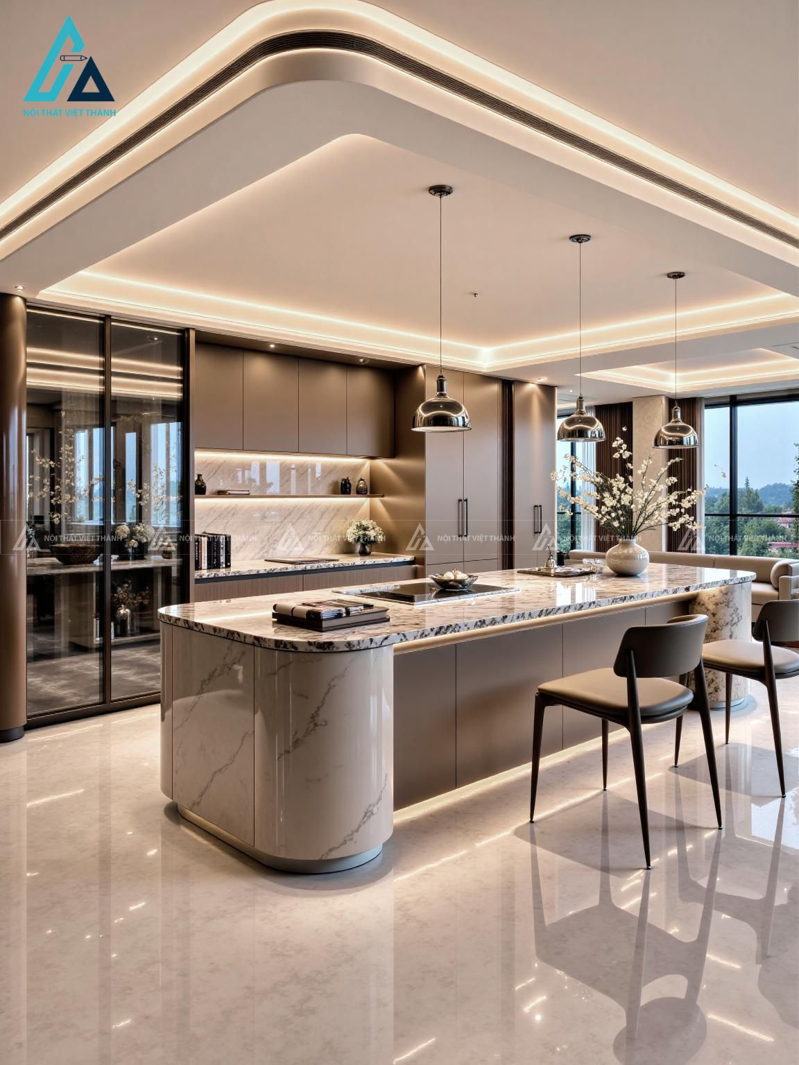 Mẫu thiết kế nội thất biệt thự với bếp rộng rãi, thoáng đãng