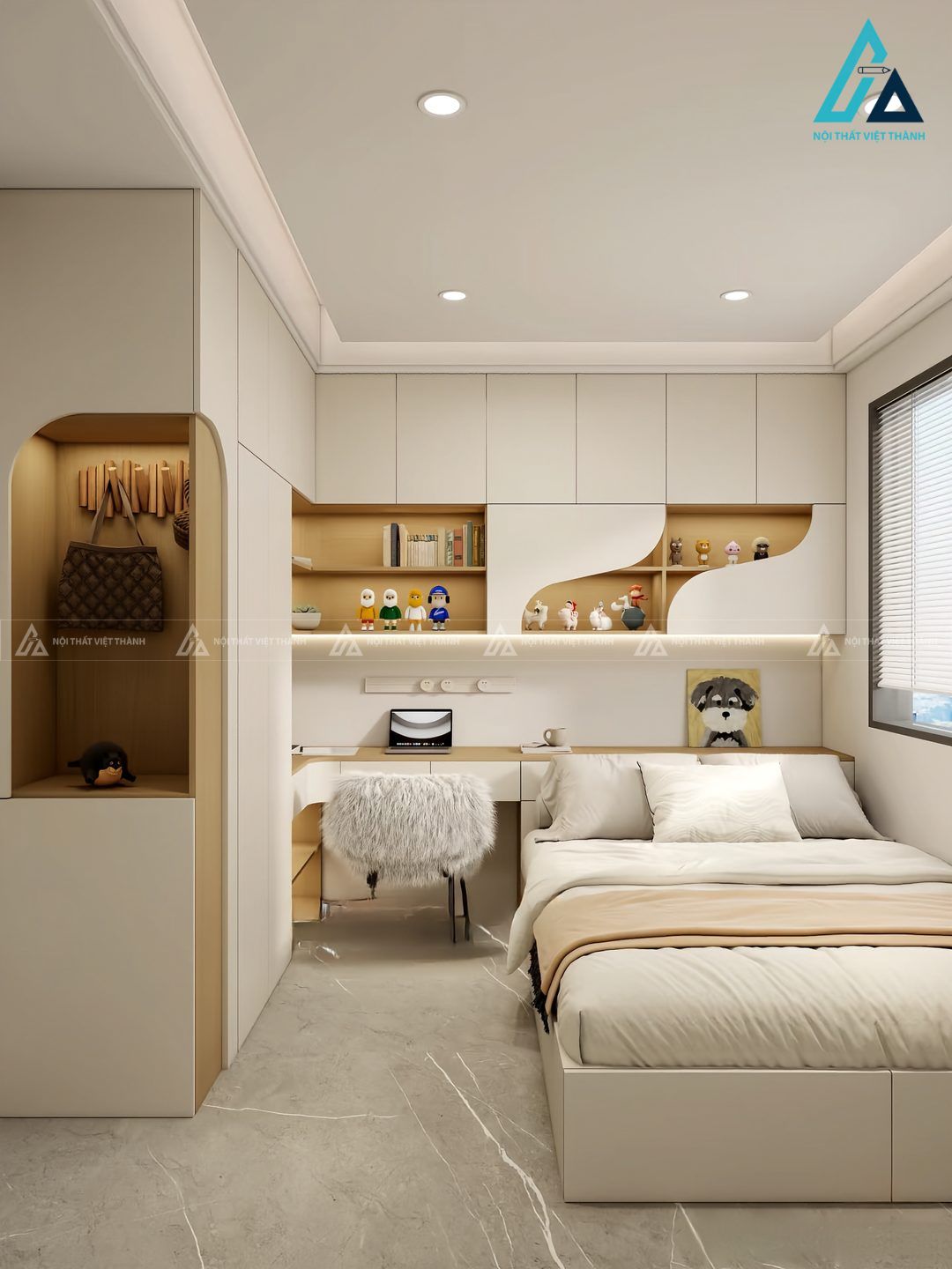 Mẫu thiết kế nội thất căn hộ chung cư với phòng ngủ trắng tạo cảm giác rộng rãi