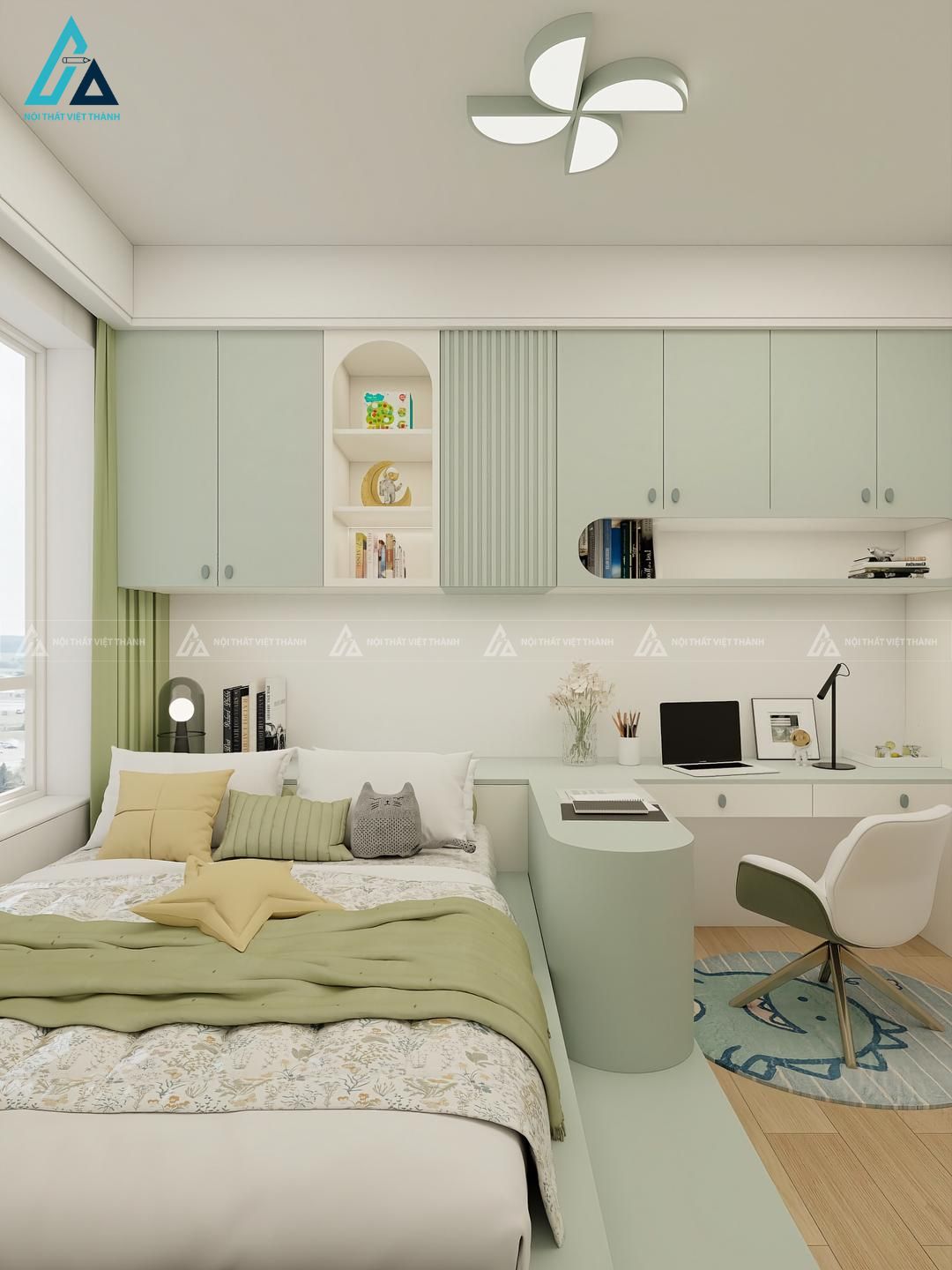 Mẫu thiết kế nội thất biệt thự với phòng ngủ tone xanh trắng trẻ trung