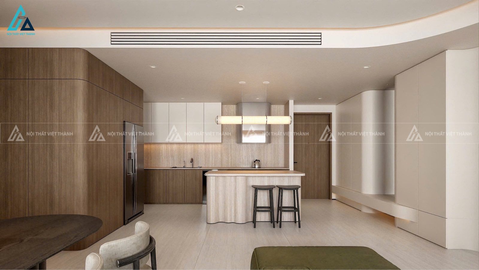 Mẫu thiết kế nội thất căn hộ chung cư với nội thất gỗ công nghiệp nâu trắng hài hoà