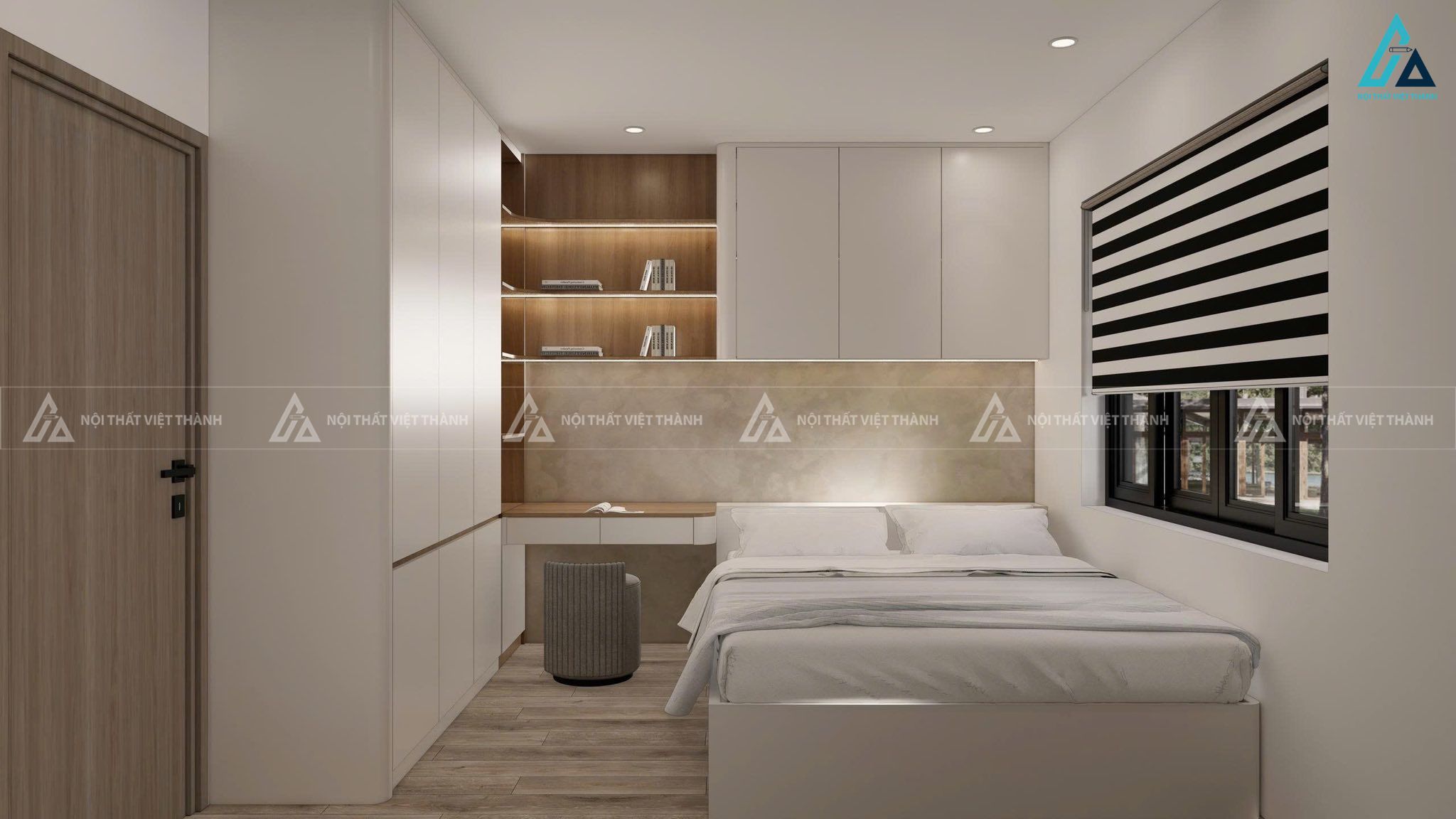 Mẫu thiết kế nội thất căn hộ chung cư với phòng ngủ màu trắng nâu tinh tế